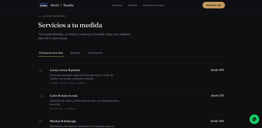 Sección de servicios de Nivel 1 Studio